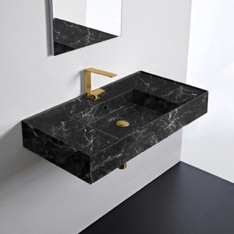 Bathroom Sink Black Marble Design Ceramic Wall Mounted or Vessel Sink With Counter Space Scarabeo 5123-G